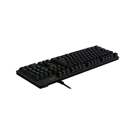 Schwarze mechanische Gaming-Tastatur mit RGB-Beleuchtung auf weißem Hintergrund.