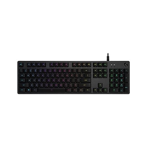 Schwarze Logitech Gaming-Tastatur mit RGB-Beleuchtung und Ziffernblock vor weißem Hintergrund.