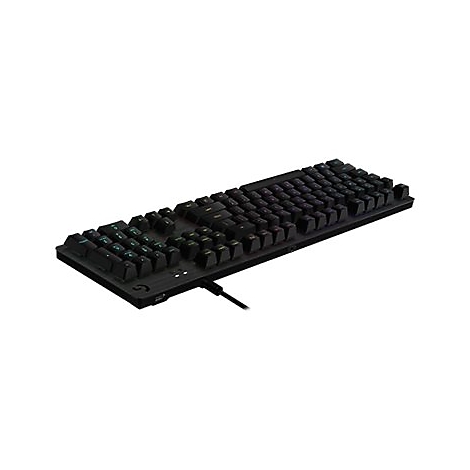 Schwarze Logitech Gaming-Tastatur mit Kabel in leicht schräger Perspektive auf weißem Hintergrund.
