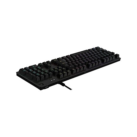 Schwarze mechanische Gaming-Tastatur mit RGB-Beleuchtung vor weißem Hintergrund.