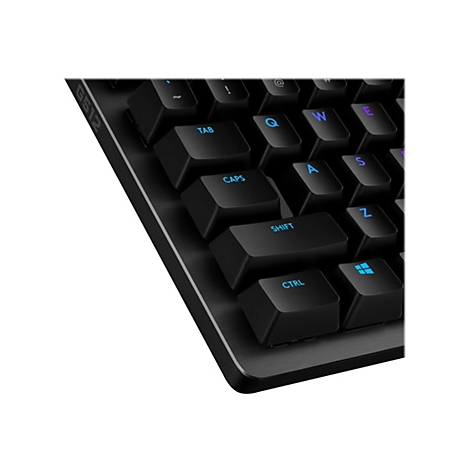 Nahaufnahme einer schwarzen Gaming-Tastatur mit beleuchteten blauen Buchstaben. Die Tastatur hat das G512 Logo und die Tasten sind mit hellblauen Buchstaben versehen.