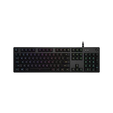 Schwarze Gaming-Tastatur mit mehrfarbiger Beleuchtung. Die Tastatur ist mit einem Kabel versehen.
