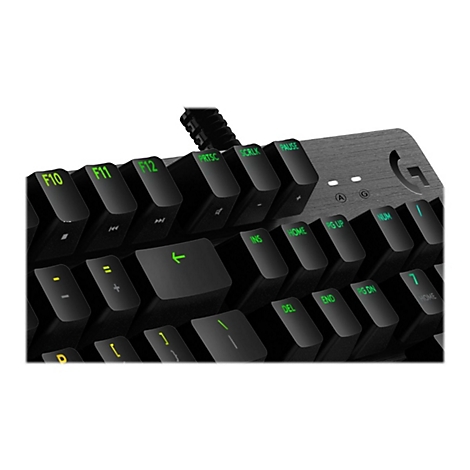 Detailaufnahme einer schwarzen Gaming-Tastatur mit grüner Beschriftung. Sichtbar sind Tasten wie F10, F11, F12, sowie Funktionstasten.