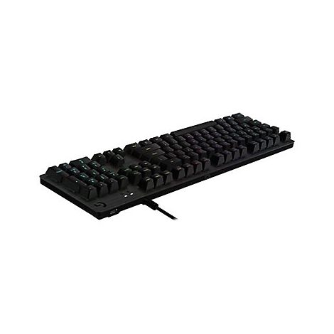 Schwarze Gaming-Tastatur, mit beleuchteten Tasten und Kabel, schräg von oben fotografiert.
