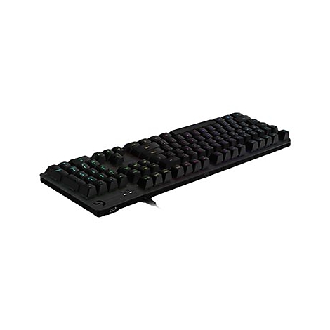 Schwarze mechanische Tastatur, mit leuchtenden Tasten. Ein Kabel ist angeschlossen.