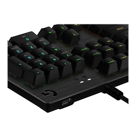 Nahaufnahme einer schwarzen Gaming-Tastatur. Die Tasten sind beschriftet mit Buchstaben, Zahlen und Sonderzeichen. Im unteren Bereich befindet sich ein USB-Anschluss.