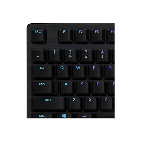 Ausschnitt einer schwarzen Gaming-Tastatur mit blauer Beleuchtung der Tasten. Buchstaben, Zahlen und Funktionstasten sind sichtbar.