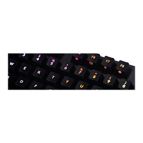 Nahaufnahme einer schwarzen Tastatur mit beleuchteten Tasten. Buchstaben und Zahlen sind in verschiedenen Farben dargestellt. Fokus auf die oberen Tasten.