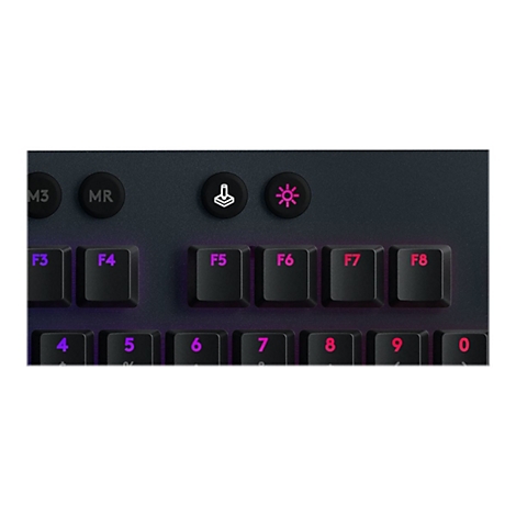 Nahaufnahme einer schwarzen Tastatur. Im Fokus sind Funktionstasten, darunter F5-F8 mit pinkfarbener Beschriftung, sowie Sondertasten.