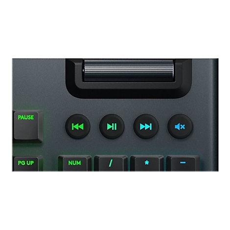 Nahaufnahme einer Tastatur mit beleuchteten Funktionstasten. Zu sehen sind Wiedergabe- und Lautstärkereglertasten.