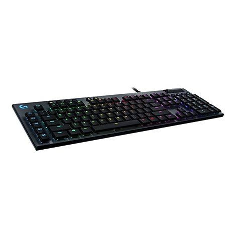 Schwarze Gaming-Tastatur mit farbiger Hintergrundbeleuchtung, Ansicht von oben und leicht schräg.