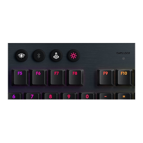 Nahaufnahme einer schwarzen Tastatur. Oben befinden sich Funktionstasten und eine Caps Lock-Anzeige.
