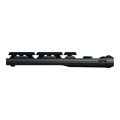 Eine seitliche Nahaufnahme einer schwarzen Tastatur, mit der Aufschrift G915.