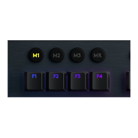Nahaufnahme einer Tastatur mit beleuchteten Tasten. Die Tasten sind mit M1, M2, M3, MR und F1, F2, F3, F4 beschriftet.