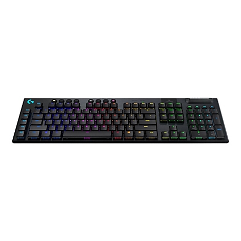 Schwarze Gaming-Tastatur mit mehrfarbiger Hintergrundbeleuchtung. Auf der Tastatur befindet sich das Logo von Logitech.