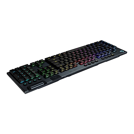 Schwarze Gaming-Tastatur mit mehrfarbiger Beleuchtung, auf weiÃŸem Hintergrund.