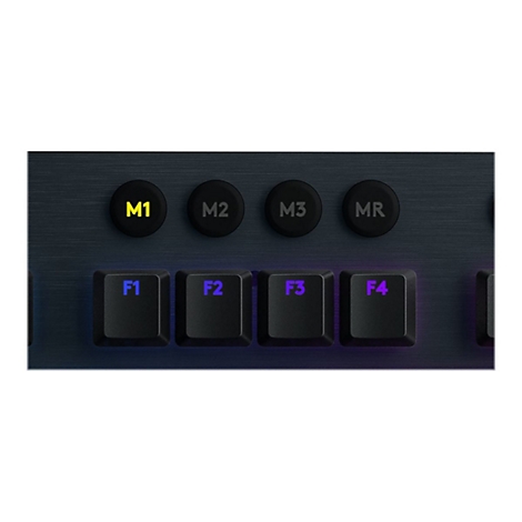 Nahaufnahme von Tastatur-Tasten: M1 gelb, M2, M3 und MR grau; F1 blau, F2, F3 und F4 violett.