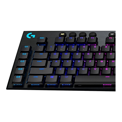 Schwarze Tastatur mit blauer und pinkfarbener Hintergrundbeleuchtung, G-Logo.