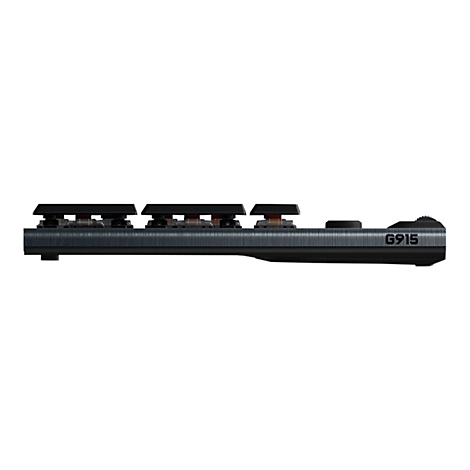 Draufsicht auf eine schwarze Tastatur, sichtbar sind nur die Tasten und die Seite mit der Aufschrift G915.