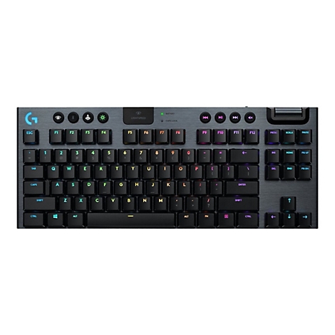 Dunkle mechanische Tastatur mit farbigen Tasten, Beleuchtung und Logitech-Logo.