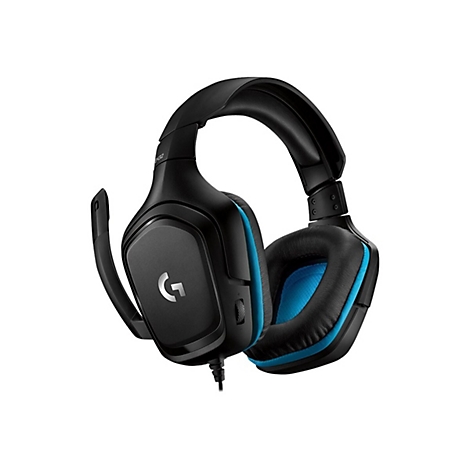 Schwarzes Gaming-Headset mit blauem Akzent. Mikrofon, Markenlogo.