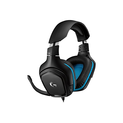 Schwarzes Gaming-Headset mit blauem Akzent und Mikrofon, vor weißem Hintergrund. Das Headset hat die Bezeichnung G432.