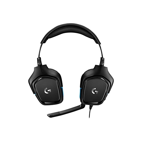 Schwarzes Gaming-Headset mit blauem Akzent. Ein Mikrofon ist am linken Ohrhörer befestigt. Auf den Ohrhörern ist ein weißes "G" Logo zu sehen.