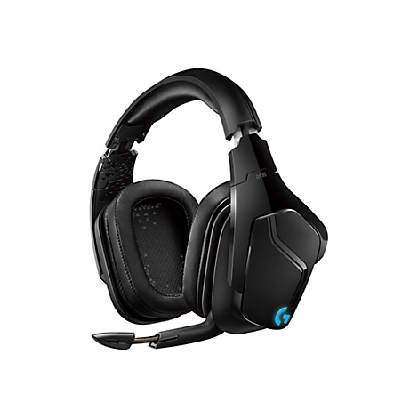 Schwarzes Gaming-Headset, Blick von vorne. Mikrofon, Ohrmuscheln und Kopfbügel sind sichtbar. Auf einer Ohrmuschel steht G935.