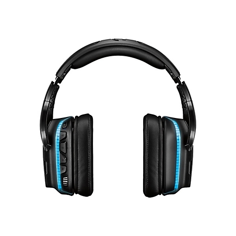 Schwarzes Headset mit blauen Lichtern an den Ohrmuscheln und verstellbarem Kopfbügel.