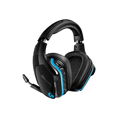 Schwarzes Gaming-Headset mit blauem Leuchteffekt. Mikrofon, Knöpfe und Logitech-Logo sind erkennbar.
