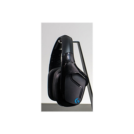 Schwarzes Gaming-Headset G935, auf einem Ständer, Logo mit blauem G.