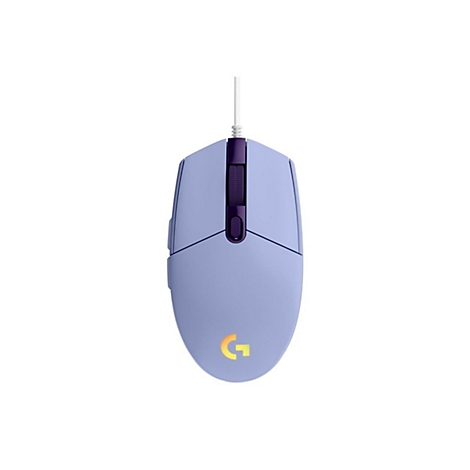 Hellblauer Gaming-Maus mit lila Akzenten, weiÃŸem Kabel und gelbem Logo.
