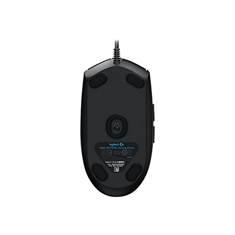 Schwarze Gaming-Maus von unten, mit Kabel, Logo und technischen Daten.