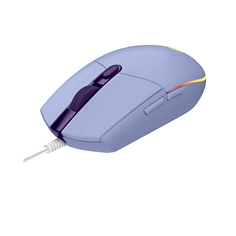 Hellblauer Gaming-Maus mit lila Akzenten. Das Scrollrad und die Seitentasten sind hervorgehoben. Kabelanschluss.
