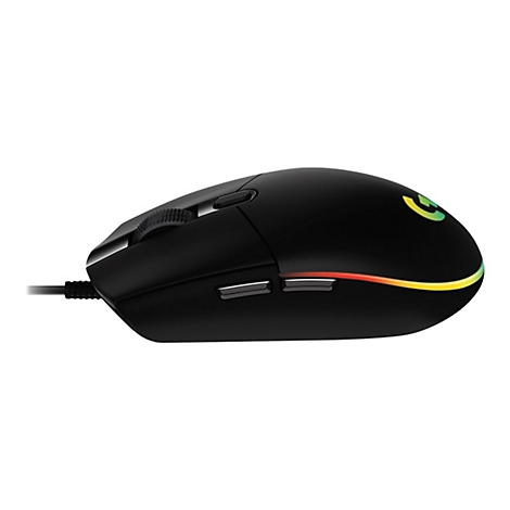 Schwarze Gaming-Maus mit farbiger Beleuchtung. Oben befindet sich ein Scrollrad und eine Taste, an der Seite zwei weitere Tasten.