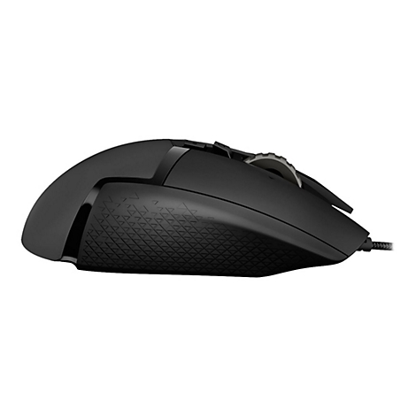 Schwarze Gaming-Maus, Seitenansicht. Auffällige Dreiecksstruktur am unteren Rand. Mausrad und Kabel erkennbar.