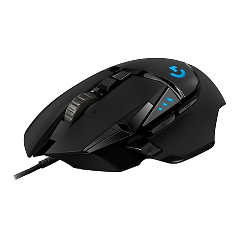 Schwarze Gaming-Maus mit blauen LED-Details. Verschiedene Tasten und ein Scrollrad sind sichtbar. Das Logo ist auf der Oberseite angebracht.