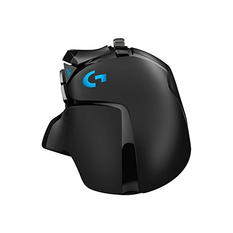 Schwarze Gaming-Maus mit blauem Logo. Detailansicht des ergonomischen Designs. Blaue Leuchtelemente.