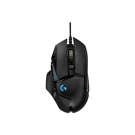 Schwarze Gaming-Maus mit blauen Akzenten und seitlichen Knöpfen. Das Logo "G" leuchtet blau.