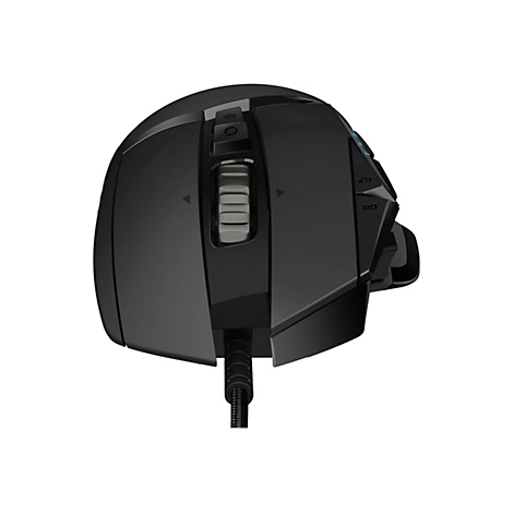 Schwarze Gaming-Maus, Seitenansicht mit Scrollrad, Kabel.