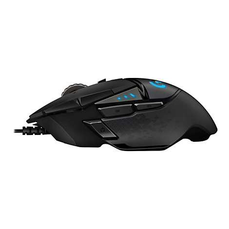 Schwarze Gaming-Maus mit blauen Akzenten und beleuchtetem Logo auf weiÃŸem Hintergrund.