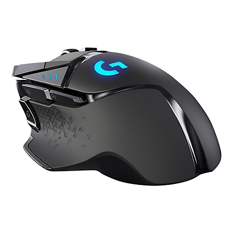 Souris de jeu noire avec logo lumineux. Boutons latÃ©raux et Ã©lÃ©ments de design. Le logo 'G' brille en bleu.