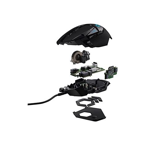 Vue Ã©clatÃ©e d'une souris de jeu noire, avec tous les composants visibles.