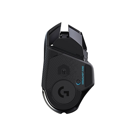 Schwarze Gaming-Maus G502 Lightspeed von Logitech, Unterseite, Logo und Beschriftung sichtbar.