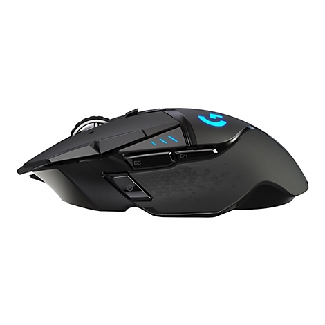 Schwarze Gaming-Maus mit blauen LED-Akzenten. Logo auf der Oberseite. Auf weiÃŸem Hintergrund.