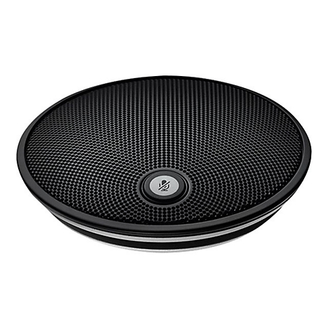 Schwarzer runder Konferenzlautsprecher mit Gitter und Mikrofon-Taste.