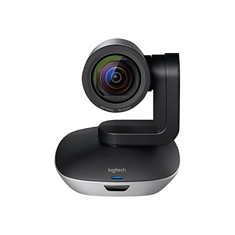 Eine schwarze Logitech-Webcam. Auf der Linse steht HD 1080p und 10x Zoom.