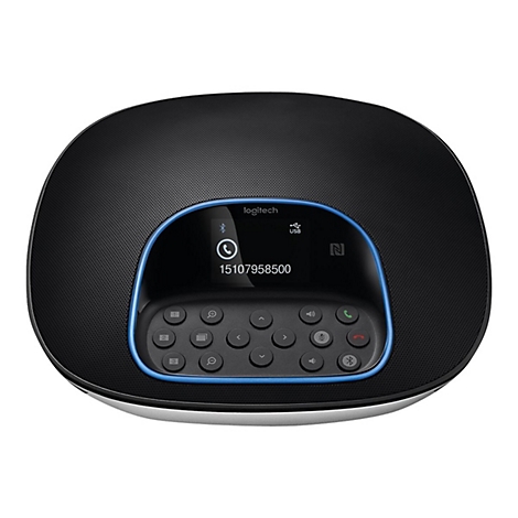 Schwarzer Logitech-Konferenztischlautsprecher mit blauer Umrandung und Tasten. Anzeige mit Telefonnummer.