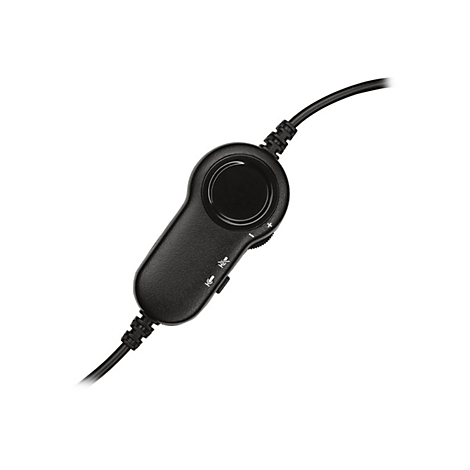 Gros plan d'une commande de casque noire. Comprend une sourdine de microphone, des commandes de volume et un bouton central.