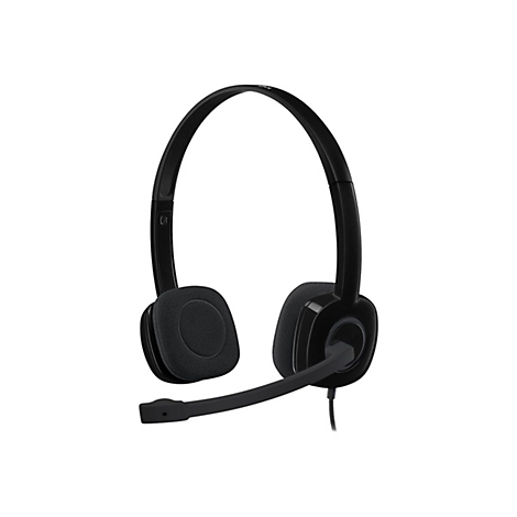 Casque noir avec oreillettes, microphone et serre-tête sur fond blanc.